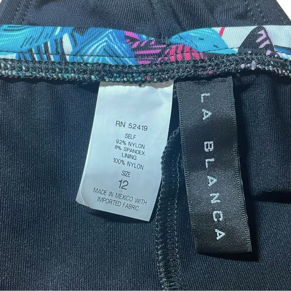 NWT La Blanca Vintage Y2K Ruched Tropical Waist Black Bikini Bottom Size 12 NEW - Picture 9 of 13